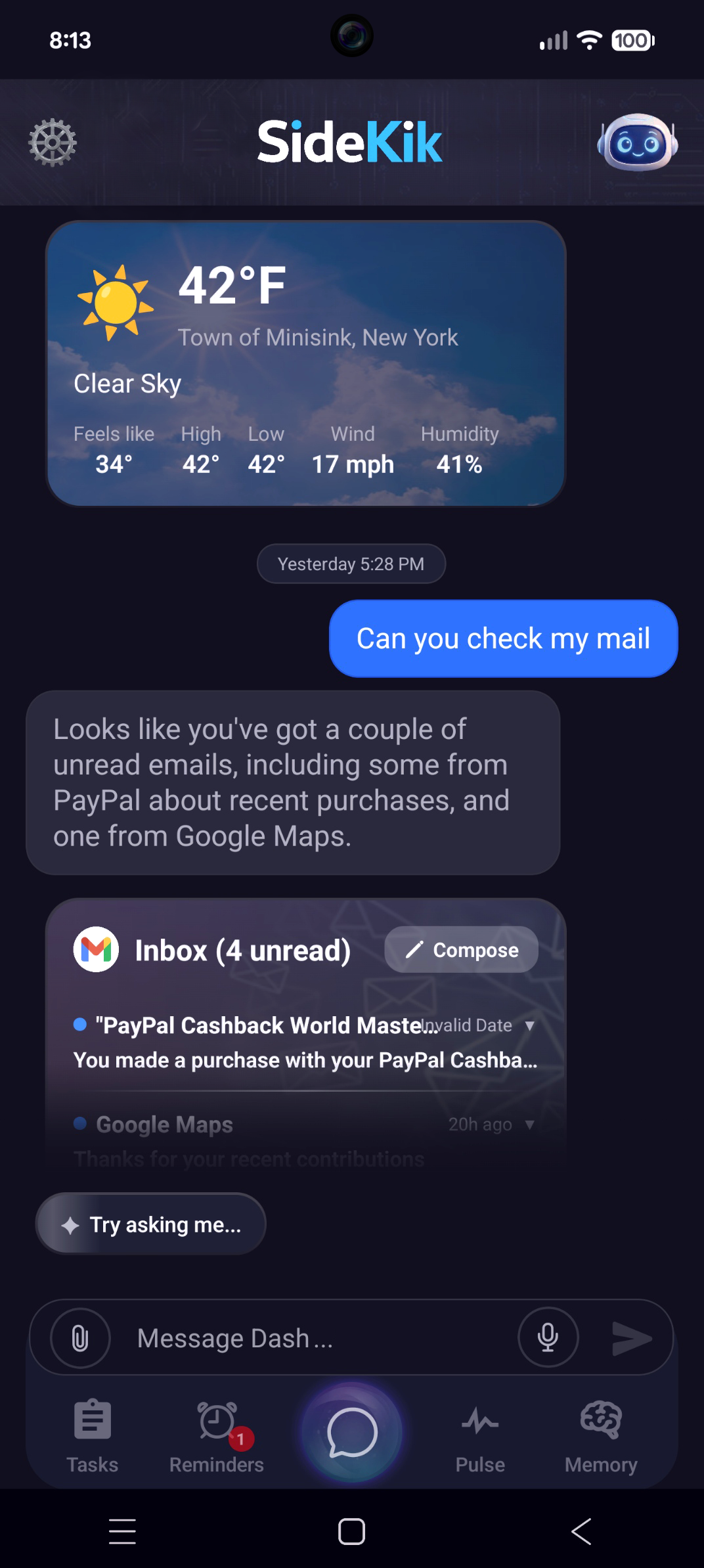 SideKik inline cards — weather and Gmail in conversation