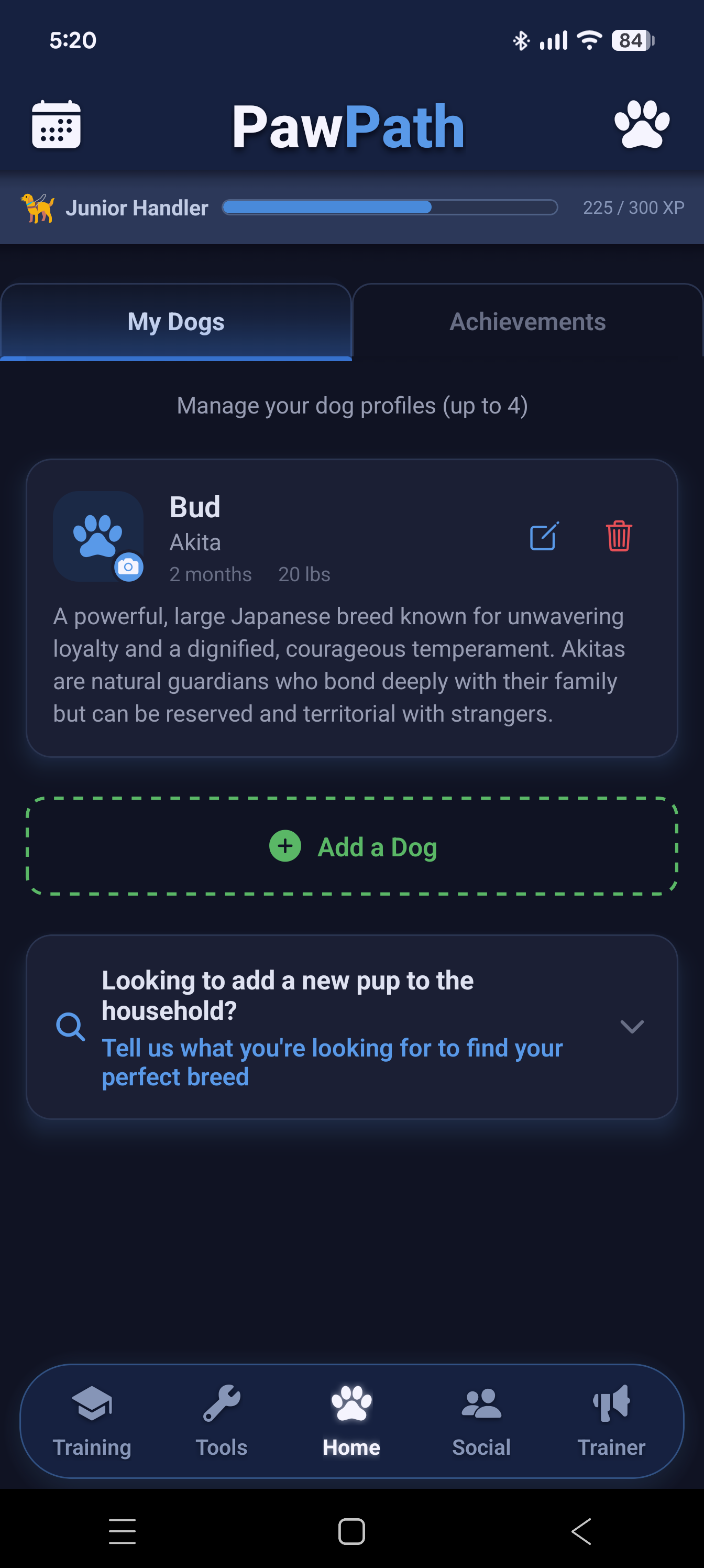 Dog profiles and achievements