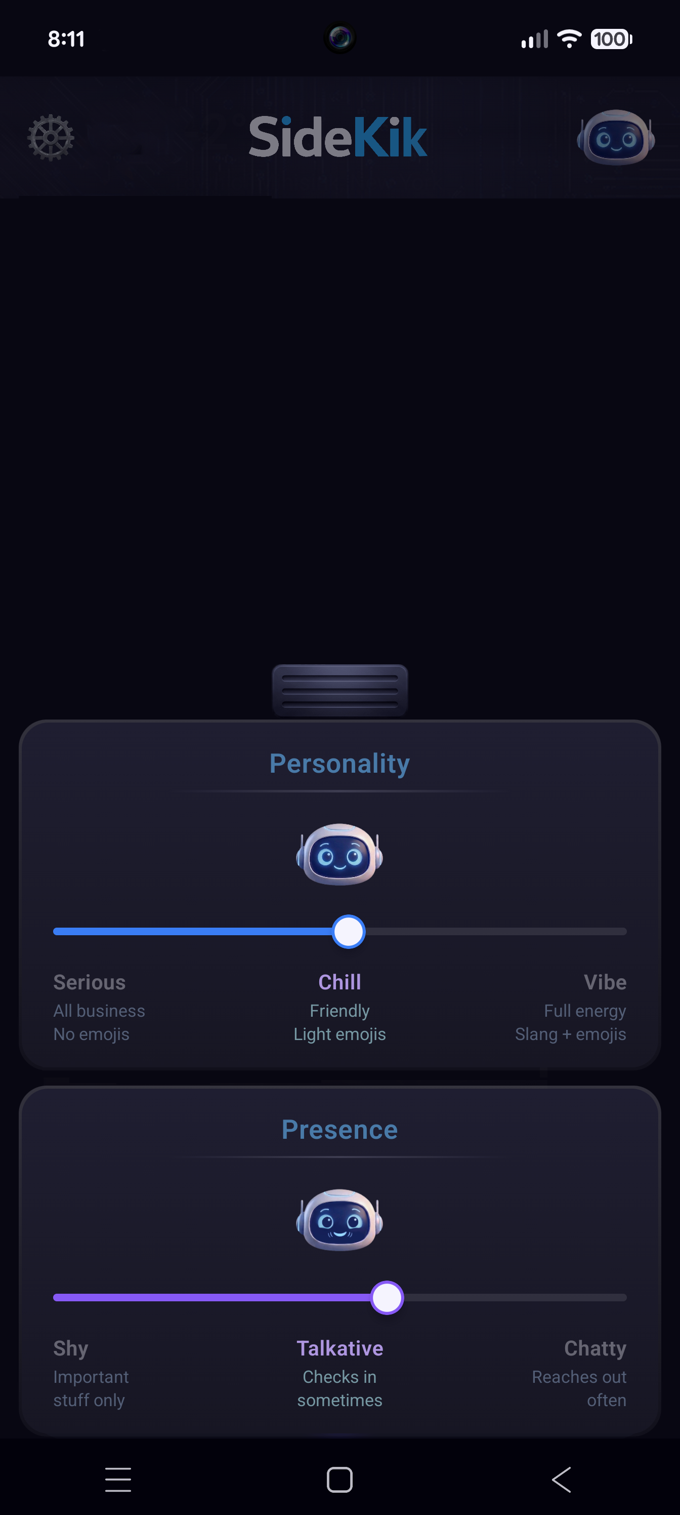 SideKik personality and presence sliders